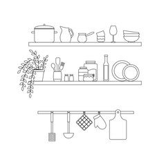 Kitchen utensils on shelves. Shelves with bowls, bottles, cups, plates, saucepans, glasses and cutlery. Line art vector illustration isolated on white background.