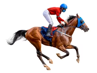 Foto op Canvas Horse racing jockey. Sport. Champion. Racetrack. Equestrian. Derby. Isolated on white background © mari