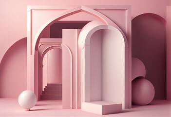 Pink abstract background with entrance arch and cube podium. 3d rendering. Generative AI
