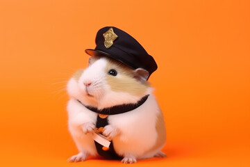 A fluffy hamster in a cop costume with a small black police cap. A hamster dressed as a policeman. Isolated on a flat orange background, copy space banner template. Generative AI photo. - obrazy, fototapety, plakaty