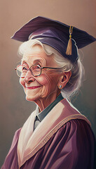 An elderly woman graduating. Cute senior woman with graduation gown. Generative AI illustration.