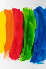 Close up of multi coloured paint stripes on white background with copy space
