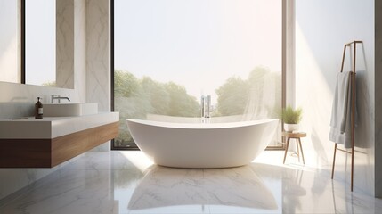 Elegant and clean Marble Flooring in Contemporary Bathroom Interior Style Generative AI	