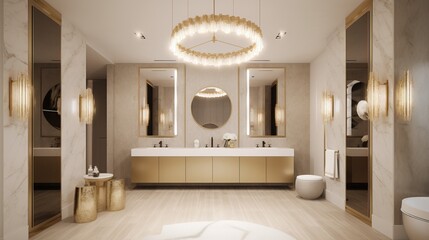 Opulent Ultra Luxury Bathroom Interior with Chandelier and Marble Generative AI	