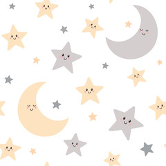 Cute seamless pattern with moon and stars. Background for kids with sleeping moon and stars. Vector illustration. It can be used for wallpapers, wrapping, cards, patterns for clothes and other.