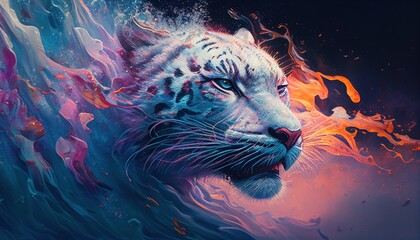 White tiger face in splashes of paint by Generative AI