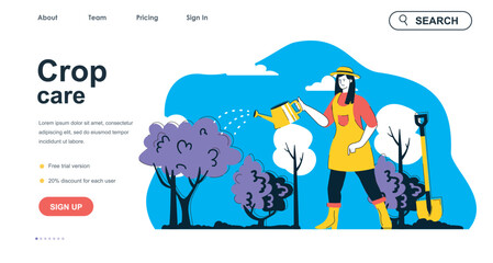 Crop care concept for landing page template. Woman farmer watering plants and tree sprouts at garden. Gardening and farming people scene. Vector illustration with flat character design for web banner