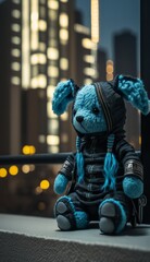 Blue knitted dog toy for children, a decorative stuffed toy forgotten on the road of cyberpunk night city. Created with AI.