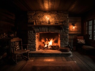 A cozy, lit fireplace in a cabin