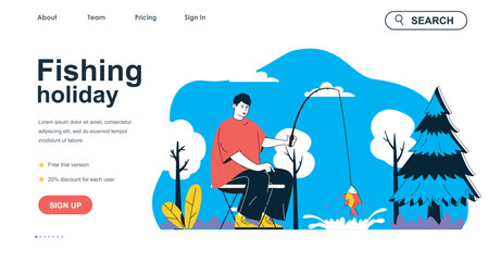 Obraz premium Fishing holiday concept for landing page template. Man catches fish with rod, resting in forest by lake. Hobby and leisure people scene. Vector illustration with flat character design for web banner