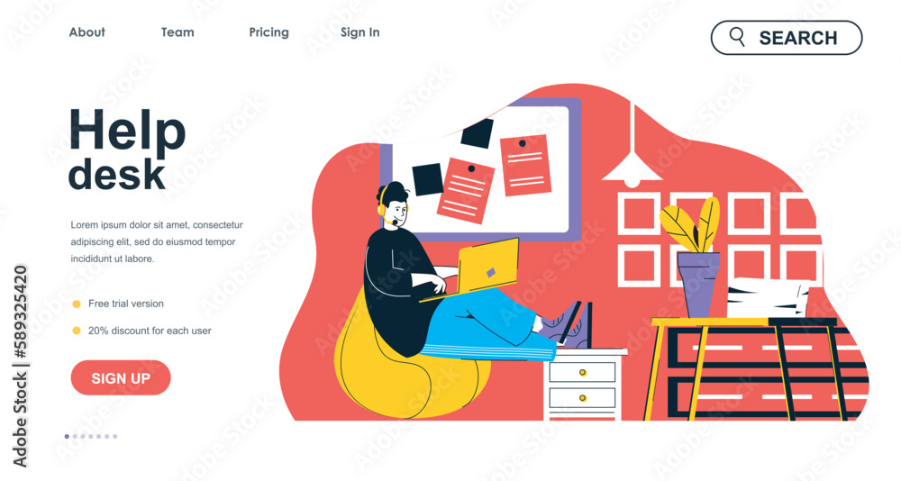 Poster help desk concept for landing page template. operator in headphone talking and chatting online with 