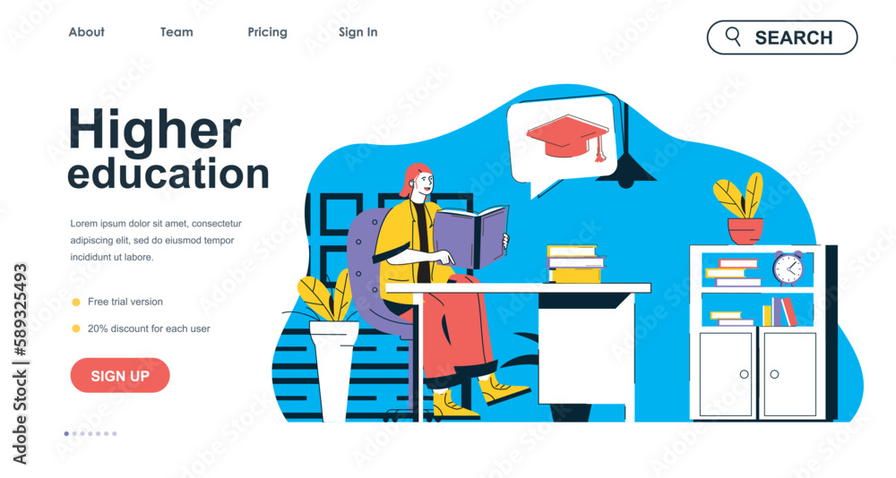 Aufkleber Higher education concept for landing page template. Student reads book, prepares for graduate exams. Study at university people scene. Vector illustration with flat character design for web banner