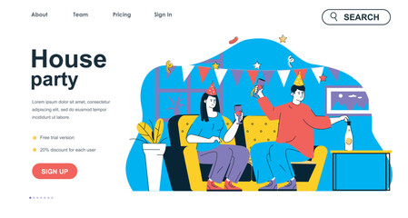 House party concept for landing page template. Man and woman celebrating birthday, drinking and having fun. Holiday event people scene. Vector illustration with flat character design for web banner