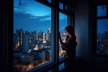 Fototapeta premium Young lonely girl looking out of the window on night town skyline, AI generative
