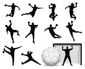 Handball players silhouette men and women - attack shut in jumping, goalkeepers, balls and Goal vector illustration