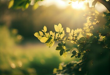 Natural green defocused spring summer blurred background with sunshine - anime style. Generative AI