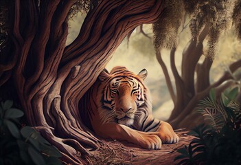There's a big tiger dozing in the shade of a tree. Illustration and Background Digital Painting. Generative AI