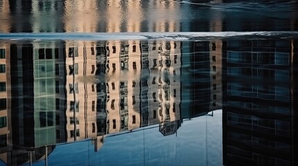 Abstract details of architectural modern building reflected in the water. generative ai