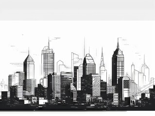 A clean and simple line drawing of a city skyline