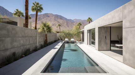 Beautifully architecture designed modern design backyard and home with pool and fire pit. Palm Springs, California. generative ai