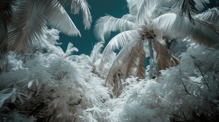 Close Up Of Coconut Leaves Coconut trees, infrared photography. generative ai