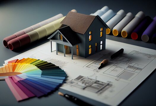 design and choice colors for house planning, plaster samples on blueprint with model house, supply and technical service in shop of color, in the hardware and in the store of building. Generative AI