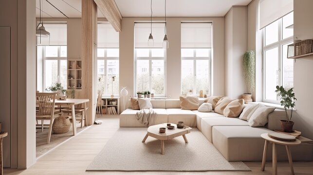 Interior design spacious bright studio apartment in Scandinavian style and warm pastel white and beige colors. generative ai