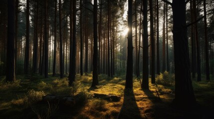 Warm Sunlight Shining On The Pine Tree Trunks In A Dark Forest. generative ai