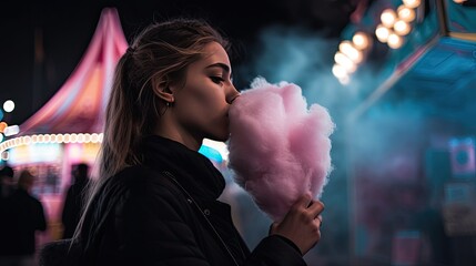 Woman with cotton candy in front of her face at a funfair at night. generative ai - obrazy, fototapety, plakaty