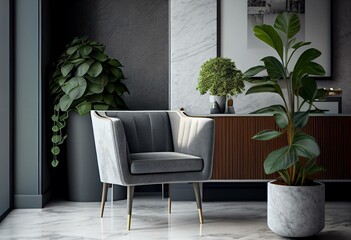 Fototapeta na wymiar interior design for living area or reception with grey carpet , armchair,plant,cabinet on marble floor background / 3d illustration,3d rendering. Generative AI