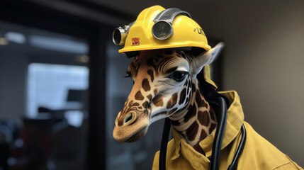 Fototapeta na wymiar Giraffe wearing a firefighter suit Generative AI