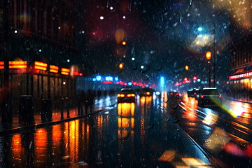 Fototapeta premium rainy evening city street blurred light and rain drops on glass rainy weather generated ai