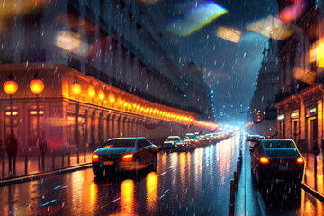 Fototapeta na wymiar rainy evening city street blurred light and rain drops on glass rainy weather generated ai