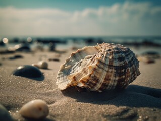 A broken seashell on a sandy beach