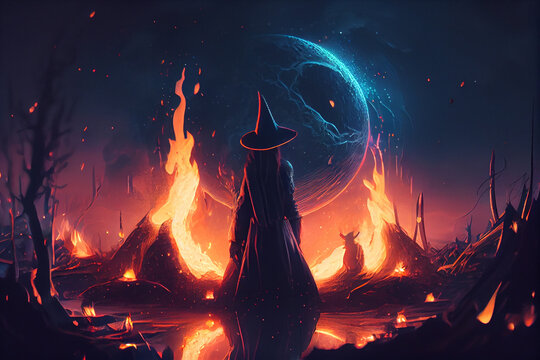 Occult Witch sabbath ritual fire at night forest with full moon. Esoteric, Occult mystical ritual scene.