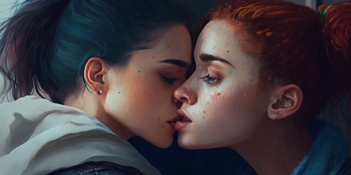 Gay women red hair and black hair couple kissing. Generative AI