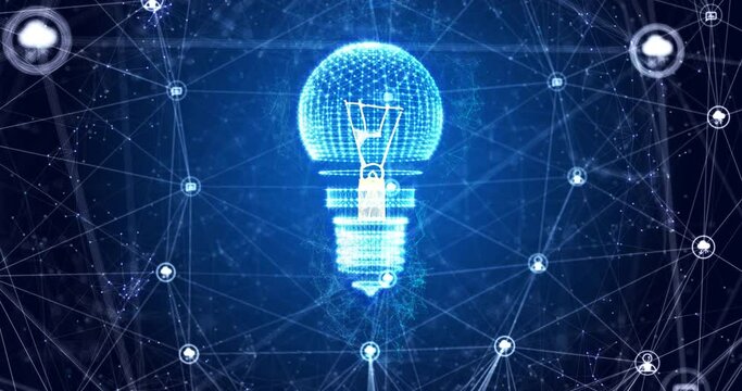 Animation of light bulb spinning with network of connections on blue background