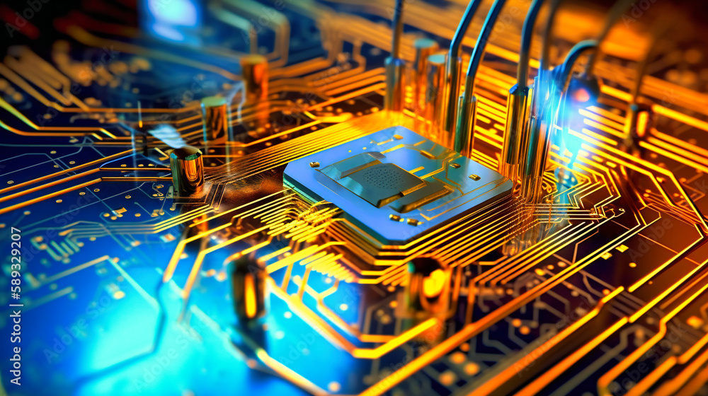 Poster microscopic view of integrated microchip, depth-of-field, and complementary colors