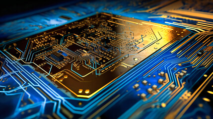 High-resolution macro image of intricate integrated microchip, reflective light effect