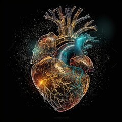 A digital illustration of a human heart on black background with cosmic energy. Generative AI. 