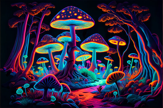 Blacklight Mushrooms in the forest