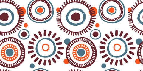 African art style seamless pattern. Traditional hand drawn tribal background with circle sun or mandala decoration. Ethnic culture fashion print, textile, wrapping paper backdrop.	