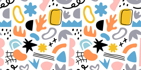 Fototapeta premium Abstract organic shape seamless pattern, random flat cartoon doodles in trendy contemporary art style. Freehand childish scribble background for textile, print or fashion backdrop. 