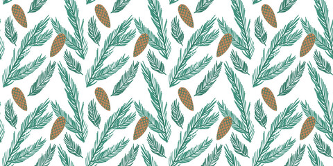 Christmas pinecone seamless pattern illustration. Pine tree leaf holiday decoration background in retro cartoon style. Vintage winter ornament print texture, floral wallpaper for xmas event.	