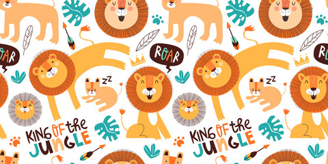 Cute lion doodle seamless pattern of funny safari animals on isolated background. Sweet jungle lions texture for baby design or children print.	