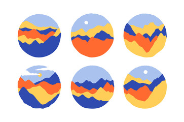 Trendy mountain landscape illustration circle set on isolated background. Abstract nature environment with sunset and colorful mountains for travel concept or outdoor adventure design.