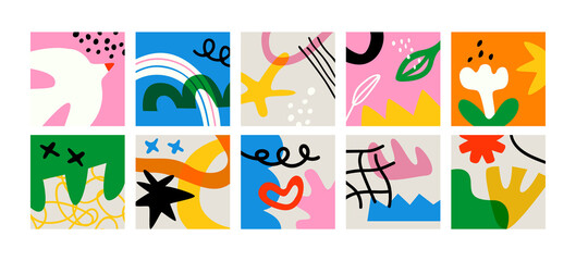 Set of abstract art greeting cards on isolated background. Natural summer plants and organic shapes collection of woman face, jungle leaf, geometric shape. Abstract summer decoration bundle.	
