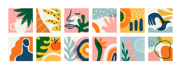 Set of abstract art greeting cards on isolated background. Natural summer plants and organic shapes collection of woman face, jungle leaf, geometric shape. Abstract summer decoration bundle.	
