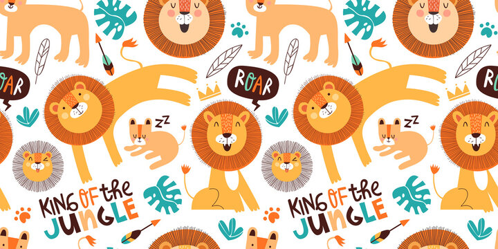 Cute Lion Doodle Seamless Pattern Of Funny Safari Animals On Isolated Background. Sweet Jungle Lions Texture For Baby Design Or Children Print.	