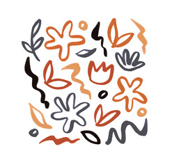 Abstract natural shape bundle. Random freehand line scribble shapes collection. Trendy icon set includes modern minimalist floral art, tropical fruit and exotic summer doodle. © Dedraw Studio